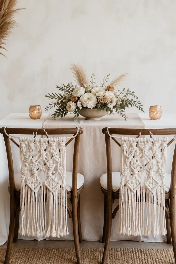 A sweetheart table with ivory linen covering and a simple center runner. Each chair back has a macramé tassel panel hanging from the top rail, with thick cream knots. The table has one low floral arrangement in a shallow bowl and two small candle holders on either side. The overall look is clean, with boho texture concentrated on the chairs.
