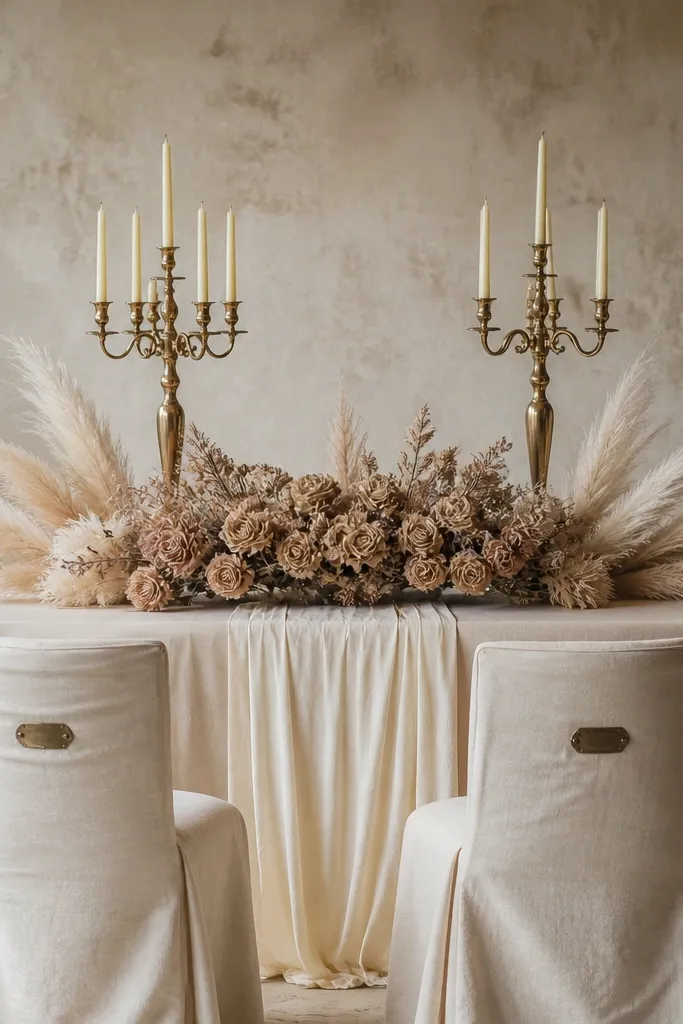 A sweetheart table with a cream linen cloth and a wide ivory runner. Two antique brass candelabras stand tall behind a low centerpiece of dusty rose dried blooms. Pampas feathers rise from the sides of the centerpiece, framing the base. The chairs have simple linen covers with small brass name-plate accents.