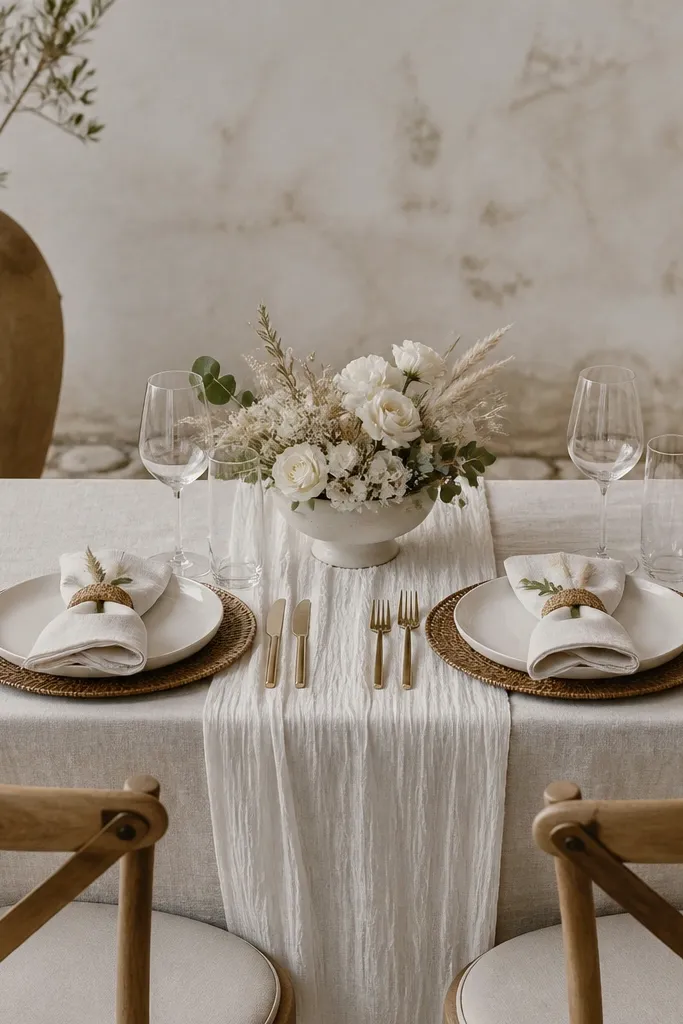 A sweetheart table with a neutral linen tablecloth and a simple runner. Each place setting has a napkin wrapped around a woven rattan ring. Small place cards sit on top of the napkin, and each place card has a tiny stem of dried grass or mini eucalyptus tucked beside it. The center has a low floral dish in cream ceramic.