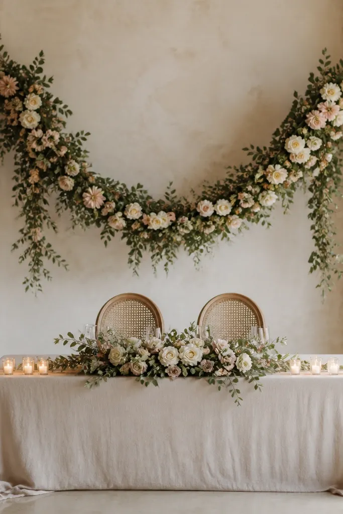 Above the sweetheart table, a hanging floral swag drapes down in two arcs. The flowers are sage-toned greenery with blush and cream blooms, and the swag ends just above the chair backs. The table has a simple linen cloth and a low centerpiece. Soft candlelight glows from a row of small votives along the front edge.