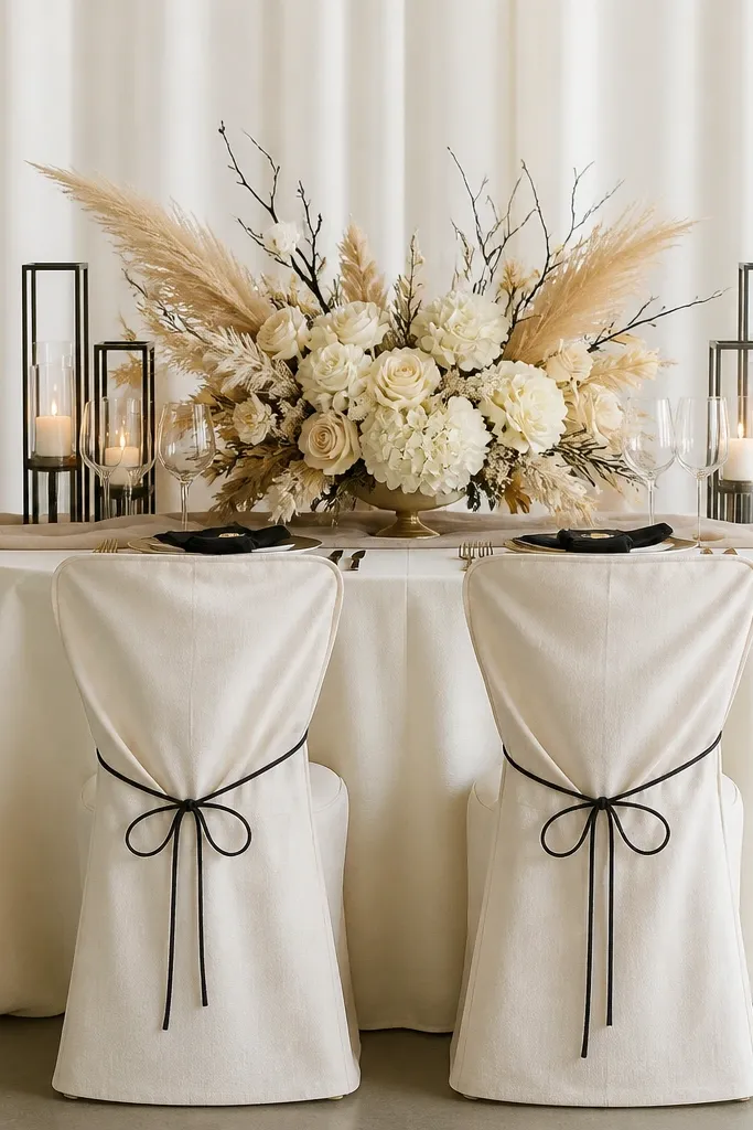 A sweetheart table with a cream linen cloth and a simple runner. The centerpiece uses cream flowers and taupe pampas, with a few black branches tucked in for contrast. Candle holders are black metal with glass cups. Chair backs are covered in cream linen with black twine bows.