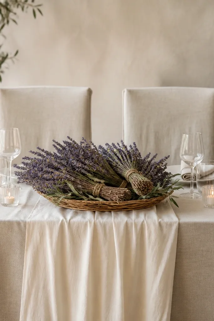 A sweetheart table with oat linen and a cream runner. The centerpiece is a shallow basket filled with dried lavender bundles tied with twine. Only a few sprigs of greenery sit around the lavender, keeping it airy. The chair backs have simple linen covers, and small candles glow in glass holders near the center.