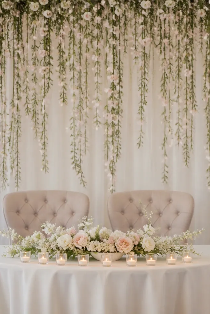 Behind the sweetheart chairs is a hanging curtain made of thin greenery strands and small blush-white blooms. It hangs like a fringe curtain, with longer pieces near the center. The table has a cream cloth and a low floral dish. At the front, a line of tealight candles sits in clear glass cups.