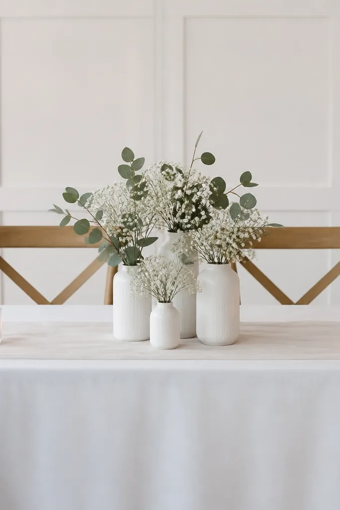 A sweetheart table with a white linen cloth and a thin runner. The centerpiece has three white ceramic vases of different heights. Each vase holds eucalyptus leaves and airy clusters of baby's breath that look like small clouds. Candlelight flickers from two glass votives near the front corners. The chair backs have minimal decor - just small sprigs of eucalyptus tied with twine.