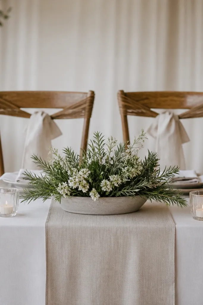 A sweetheart table with linen cloth and a neutral runner. Each chair has a rattan tie woven around the top rail, finished with a linen ribbon bow. The centerpiece is a low arrangement in a wide ceramic tray with rosemary sprigs and small white blooms. Two small candles sit in glass cups at the tray corners.