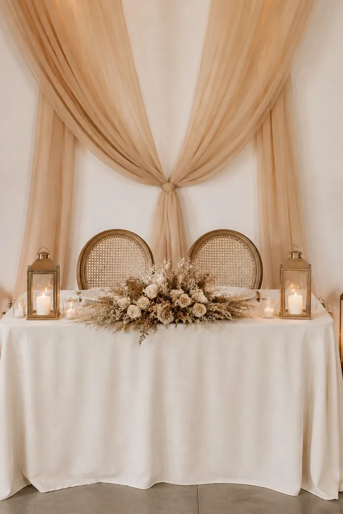 A sweetheart table with a cream linen cloth and a warm beige chiffon drape hanging behind the chairs. The chiffon is gathered in a soft knot at center and falls in two sides. Lanterns with warm candlelight sit on the table edges and on the floor behind the chairs. The centerpiece is low and simple with dried neutral flowers.