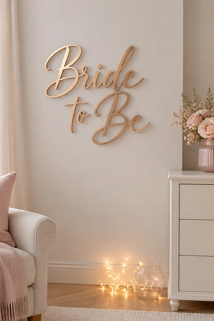 A living room corner split visually into three areas: a centered "Bride to Be" sign on a wall, a dresser with a small flower arrangement and a candle, and a floor spot with warm string lights. The color palette is matte white, blush pink, and champagne gold.