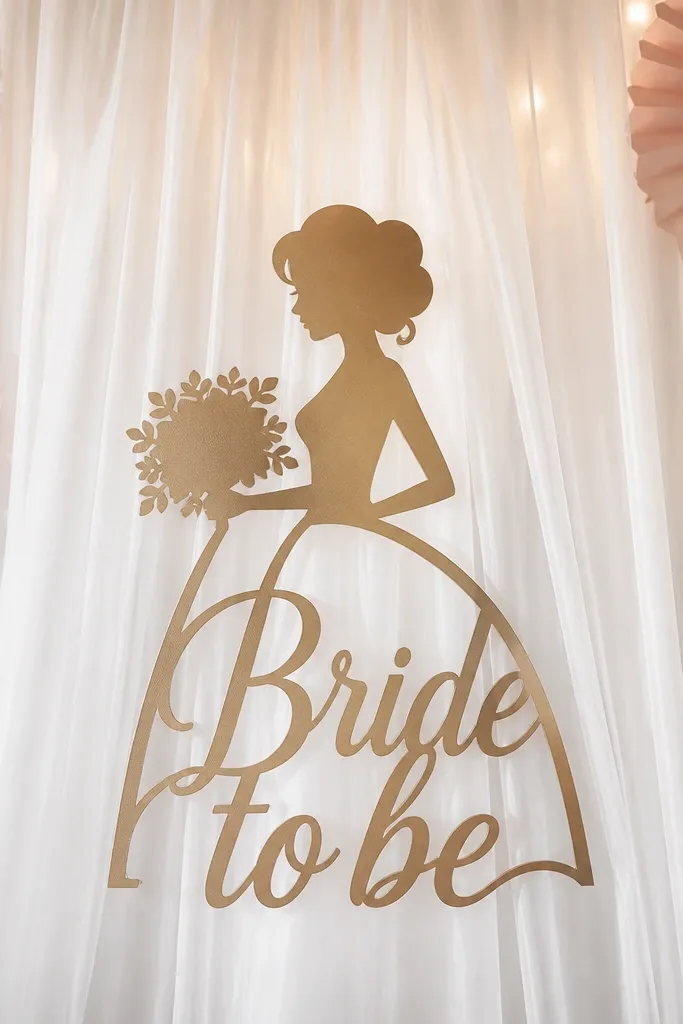 A white sheer fabric curtain hung behind a bride-to-be sign, with gentle folds catching warm light. Blush and gold paper fans sit on the sides, and the sign is centered.