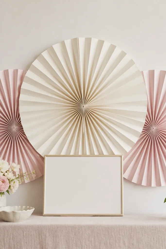 Three large paper fans in blush and cream behind a small sign, fanned out evenly. The fans are mounted flat against the wall with visible accordion folds.