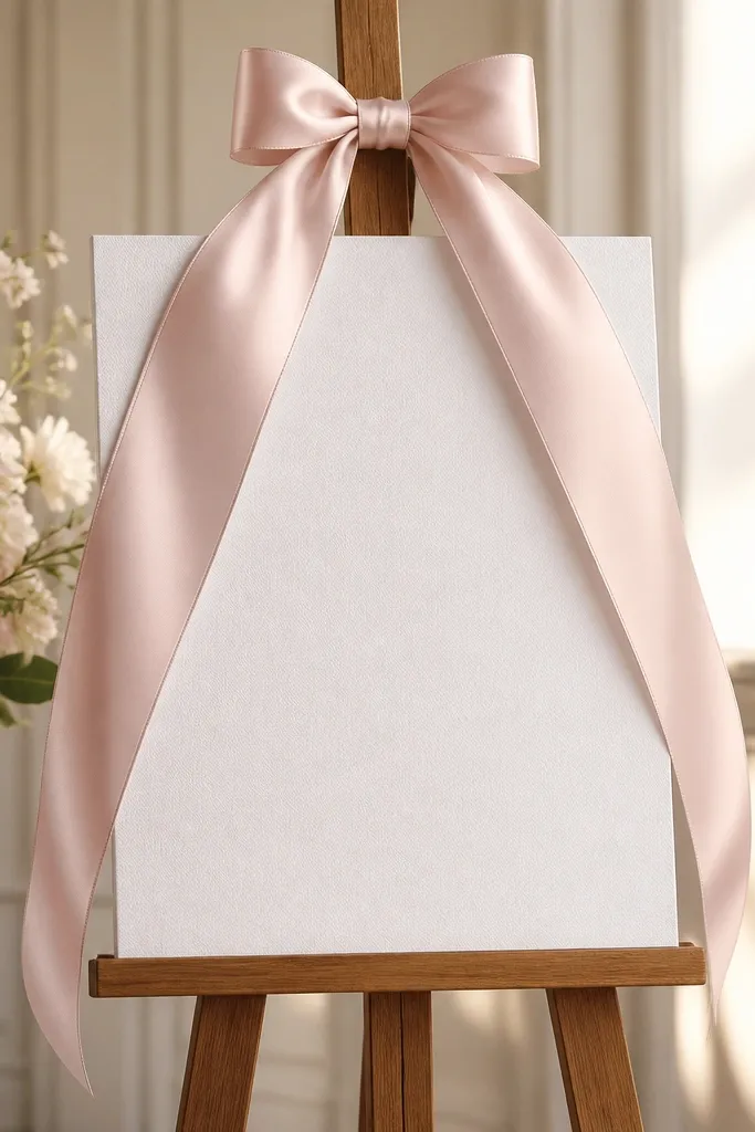 A bride-to-be sign mounted on a wooden stand with a satin blush ribbon bow tied around the top support. The ribbon drapes down both sides.