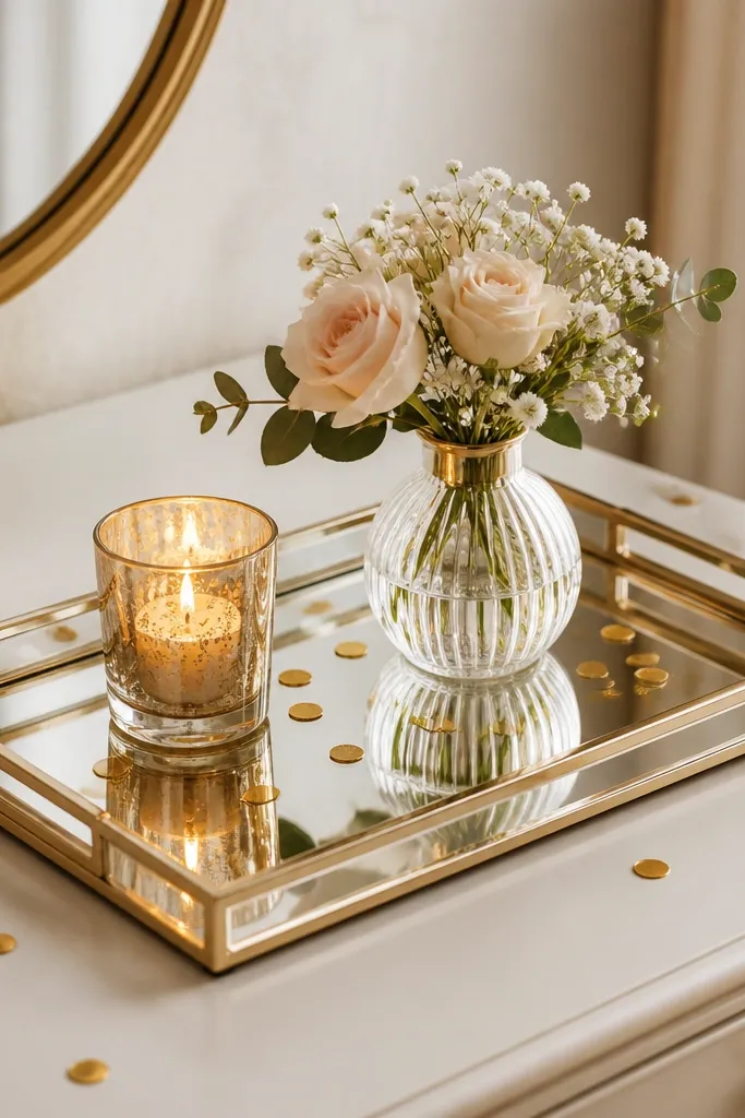 A champagne-gold mirrored tray on a dresser with a small candle, a mini flower vase, and scattered gold confetti. The tray reflects warm light.