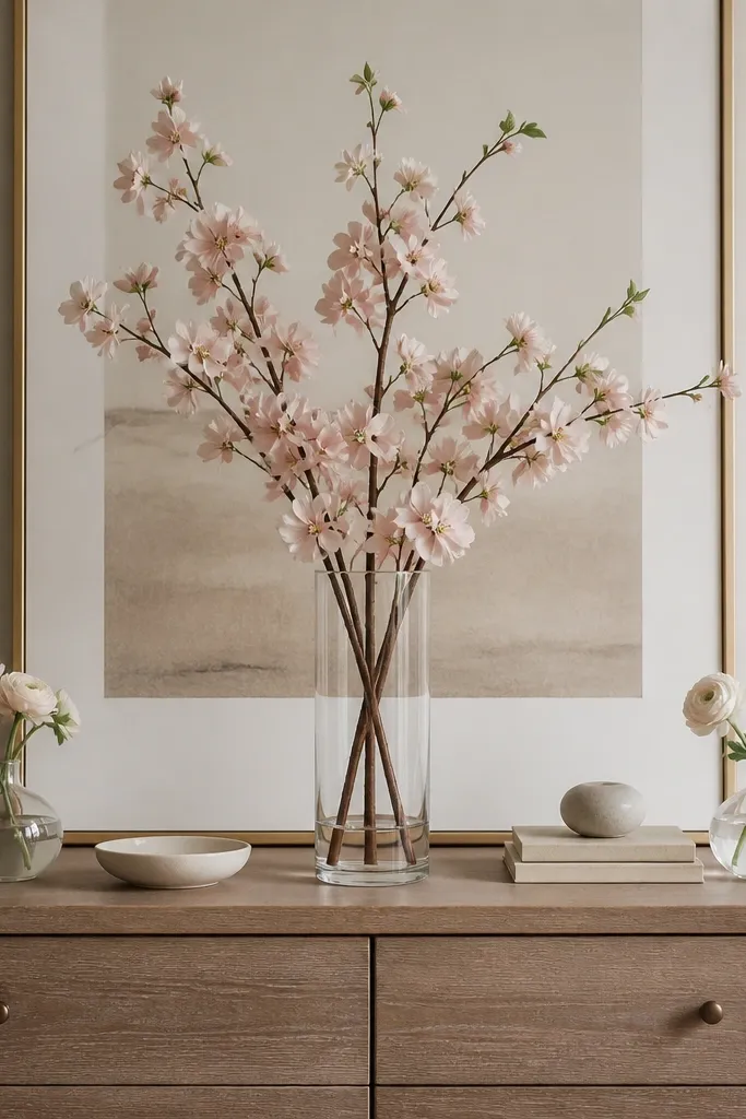 A dresser arrangement with one tall clear vase in the center holding blush stems, and two smaller bud vases at the sides. The bottom row of decor is low and tidy.