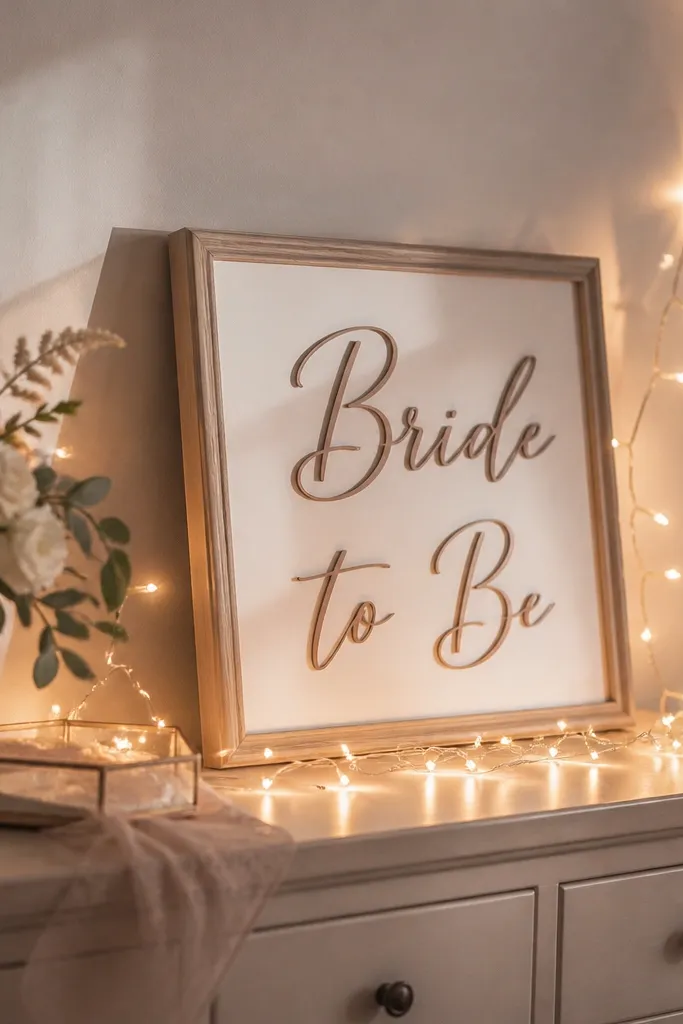 Warm white string lights draped along the side of a dresser and slightly up a wall, creating a glow behind a bride-to-be sign. The camera angle shows soft shadows.