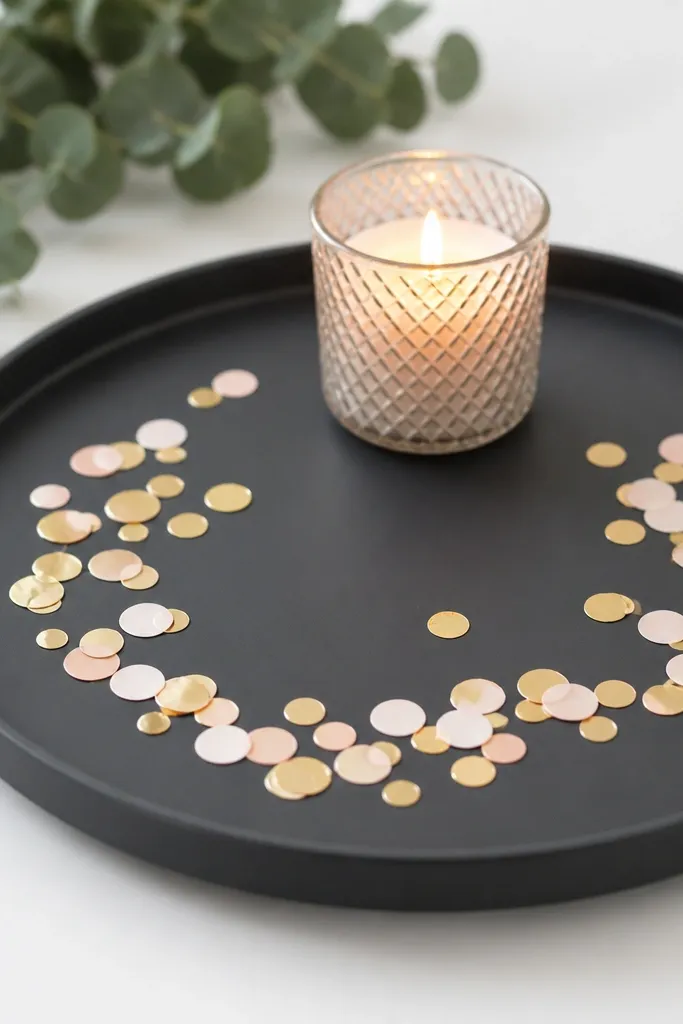 A dark charcoal tray on a white table, with small gold and blush confetti scattered in a controlled oval. A small candle sits toward the back.