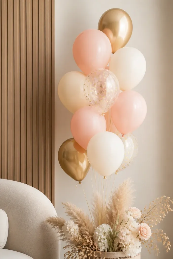 A small balloon cluster tied to a weighted base on the floor, with the base hidden behind decor. The balloons are pastel blush and cream with gold accents.