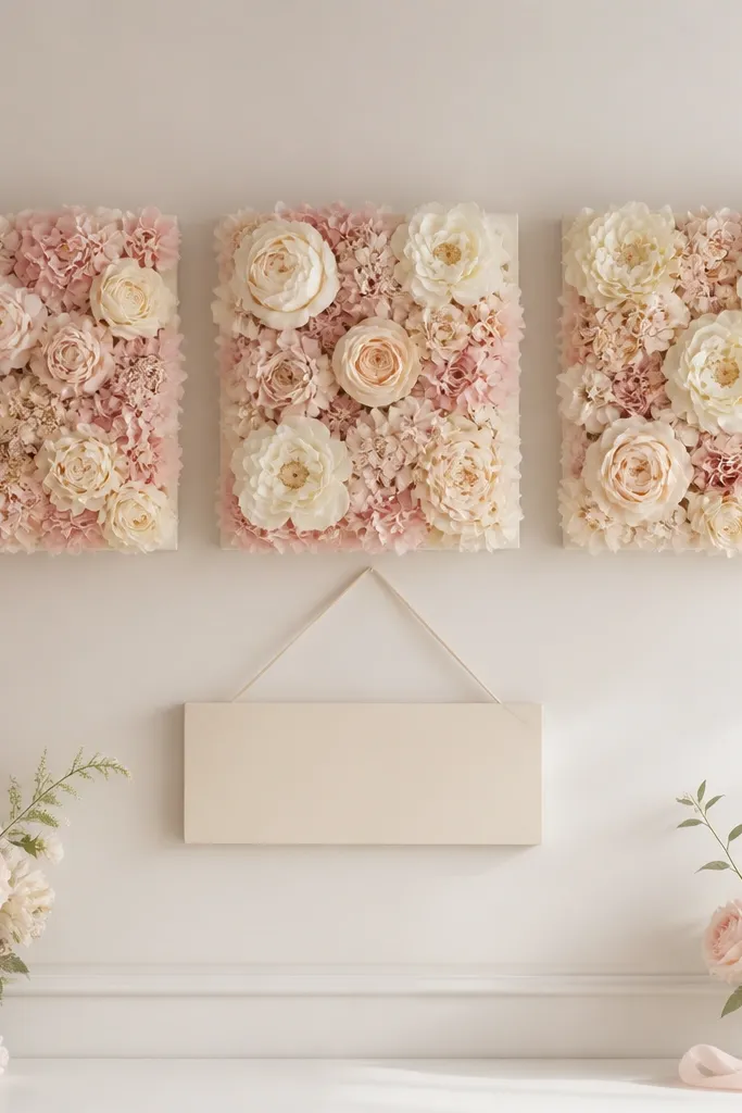 Three faux flower squares mounted on a wall in a grid-like arrangement, all in soft blush and cream. A bride-to-be sign hangs centered below.