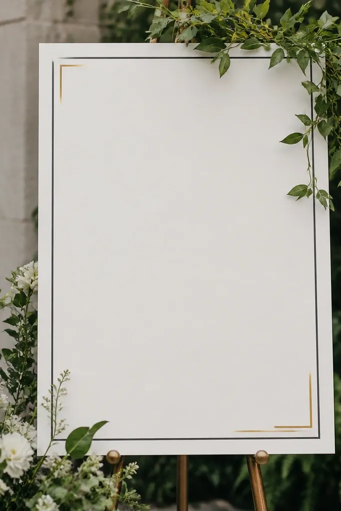 A large matte white sign with two-color vinyl text: dark charcoal and small gold accents. The sign is mounted on a stand and framed by greenery.