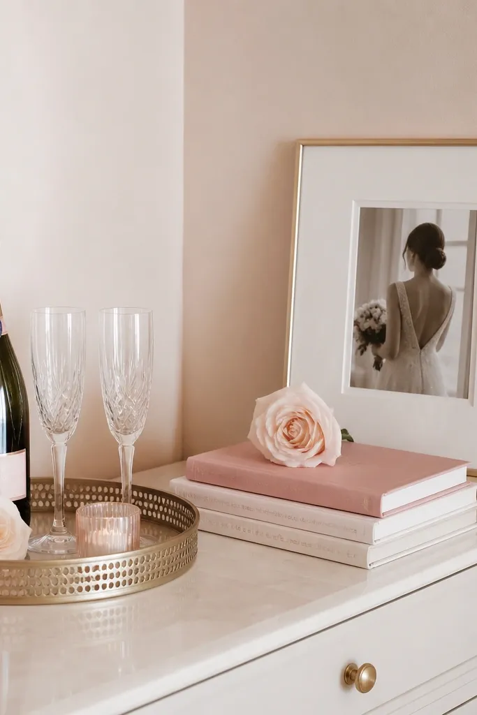 A tidy dresser setup with one champagne tray, a small stack of bridal-themed books, and a single framed photo leaning against the wall. Everything matches blush and cream tones.
