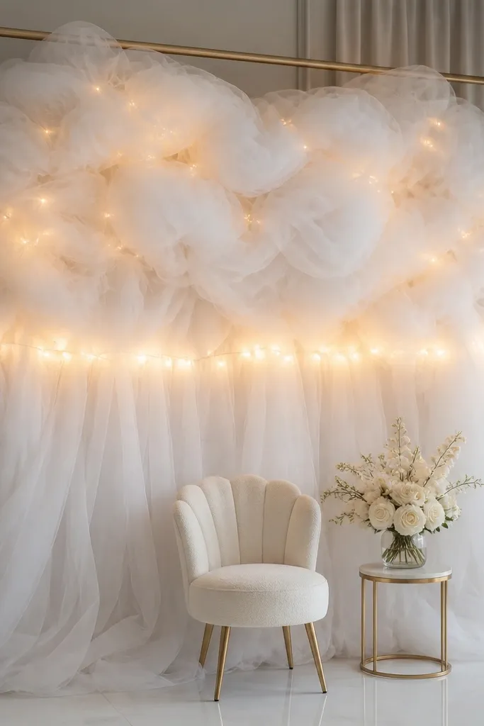 A bride-to-be photo corner with layered white tulle draped in soft cloud shapes behind a small sign. Warm white fairy lights are arranged in tight clusters, forming a gentle glow around the tulle. The scene shows a neat line of lights at mid-height and a clean edge where the fabric meets a simple frame.