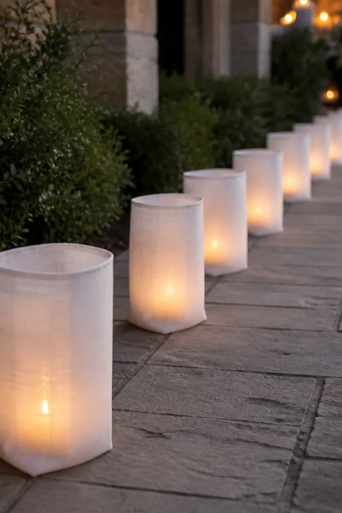 A row of white fabric candle sleeves or lantern covers placed down a walkway. Inside each sleeve is a warm LED candle with flicker, producing a line of soft light. The image shows a consistent spacing and clean fabric alignment.