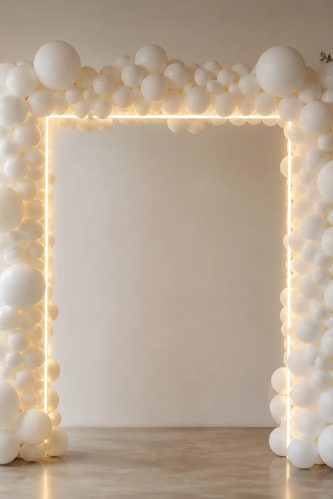 A white balloon frame shaped like a rectangle or arch. A straight line of warm LED string outlines parts of the frame, creating a clean geometric glow. The image shows the outline lights crisp and the balloon colors even.
