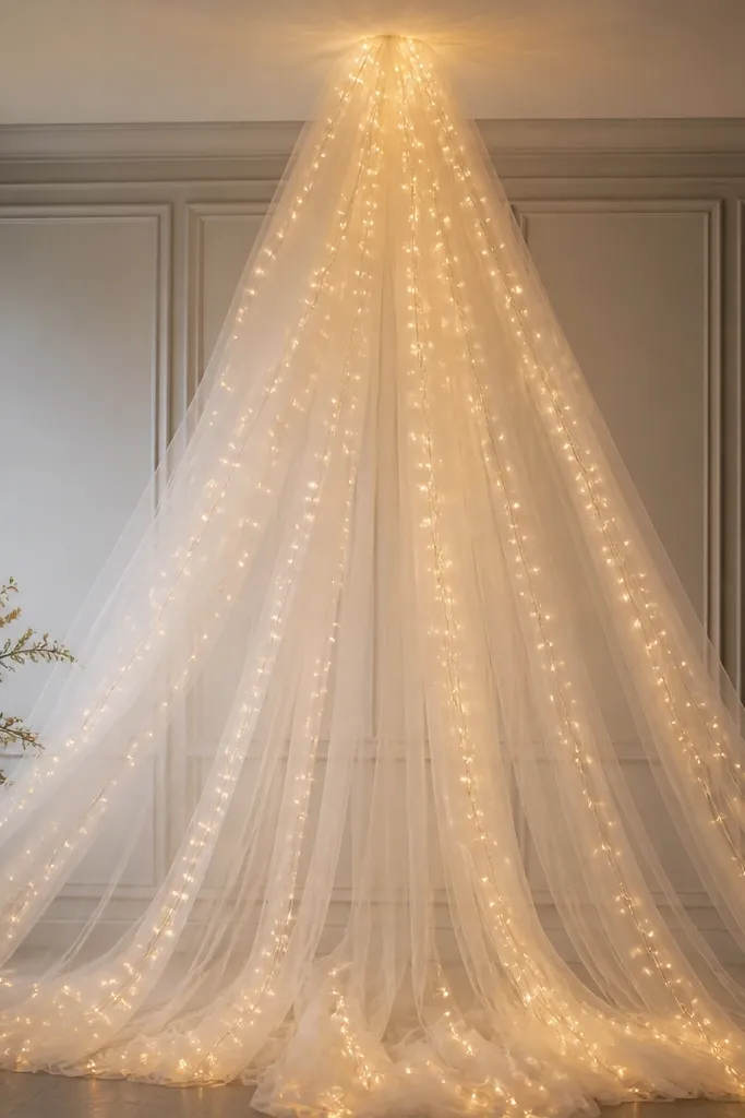 A ceiling-hung tulle veil draped down like a soft curtain. Micro warm fairy lights are sprinkled along the tulle, creating a gentle sparkle effect. The photo shows lights glowing without any cords visible above or below.
