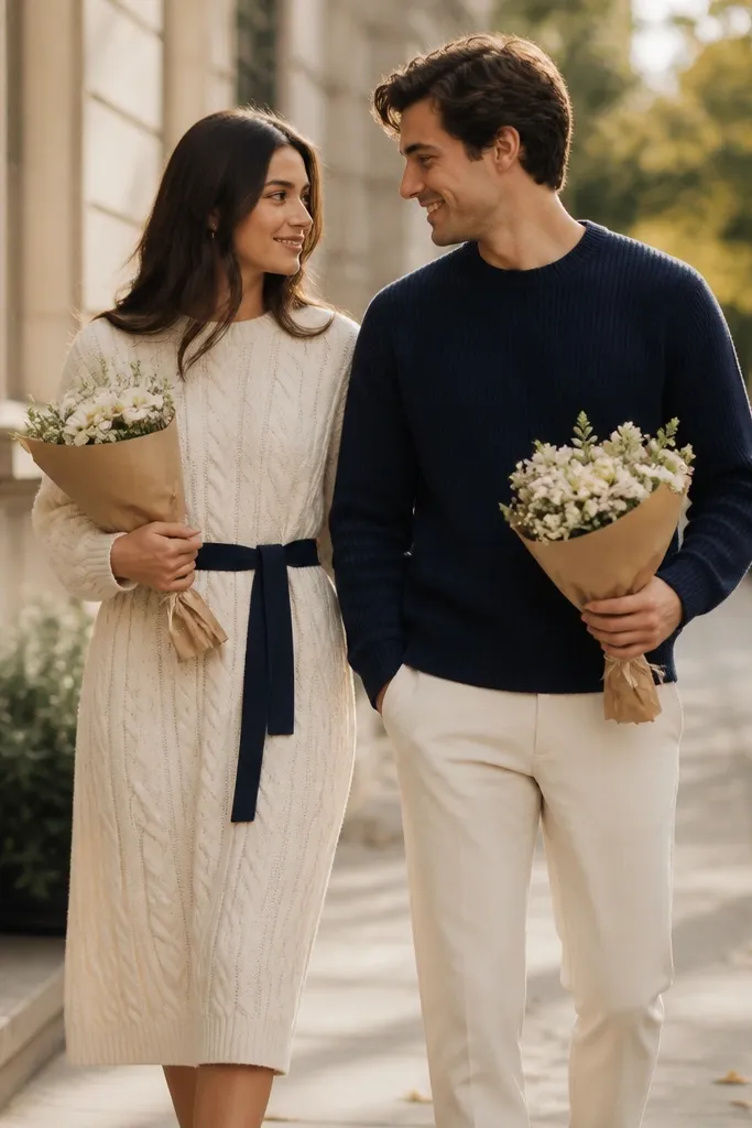 A couple stands side-by-side on a sidewalk. The woman wears a cream midi dress with a chunky cable knit texture and a navy belt. The man wears a navy crewneck sweater and cream trousers. Both hold a small wrapped bouquet of white flowers, with soft golden-hour light and a blurred street background.
