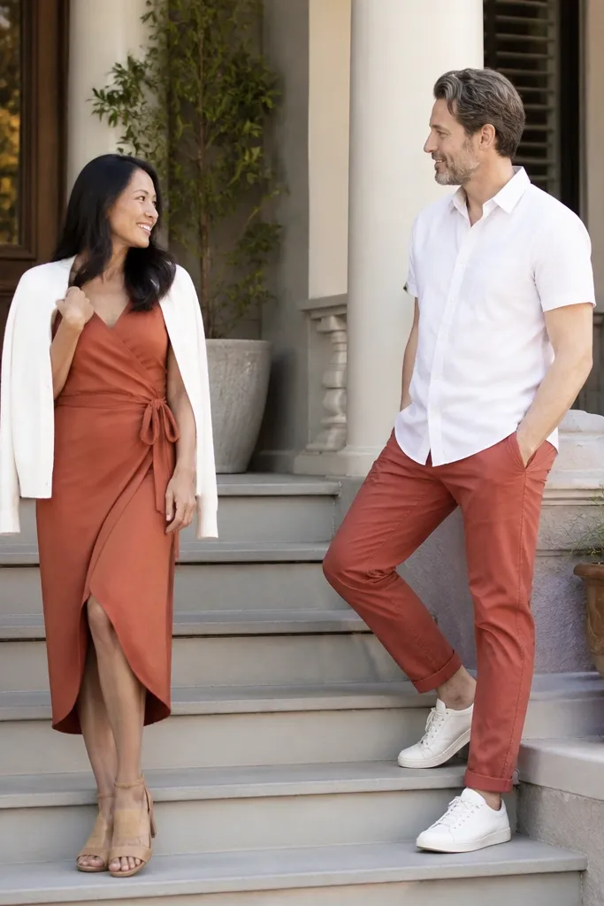 Front porch steps in daylight. The woman wears a terracotta wrap dress and white cardigan draped over her shoulders. The man wears a white short-sleeve button shirt and terracotta chinos. They stand on different steps, angled toward each other, with a warm architectural background.