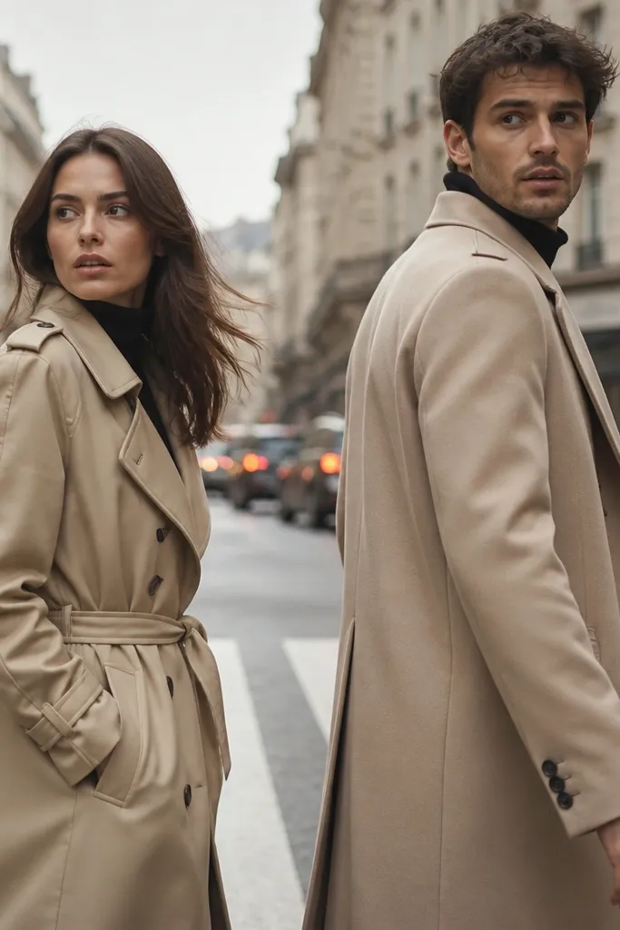 City street photo with a beige trench coat. The woman wears a black turtleneck and a long beige trench; the man wears a black turtleneck and a matching beige overcoat. They stand mid-street near a crosswalk with blurred cars, both looking over their shoulders.