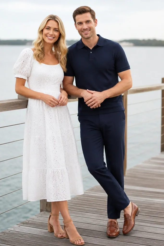 Outdoor dock or boardwalk. The woman wears a white eyelet dress with small embroidered texture and puff sleeves. The man wears a navy polo and navy chinos with brown loafers. They lean slightly toward each other, hands at waist level, with water and railing behind them.