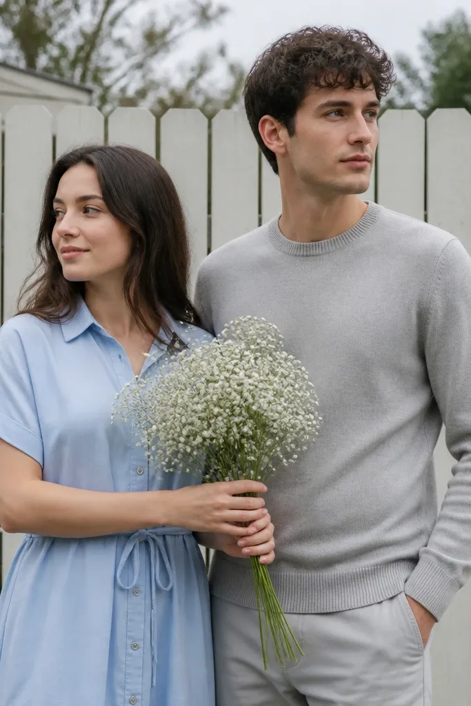 Early morning outdoor photo with overcast light. The woman wears a sky blue button-front dress with short sleeves and a small waist tie. The man wears a gray crewneck sweater and light gray trousers. They stand in front of a pale fence, holding a small bouquet of white baby's breath.