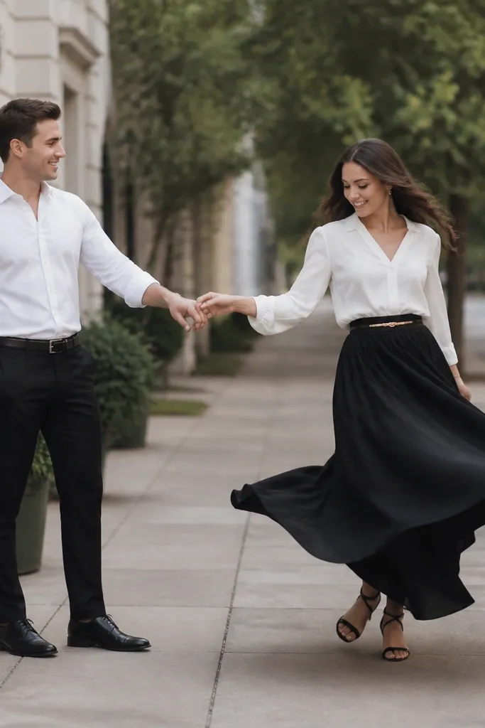 Outdoor photo on a sidewalk. The woman wears a black maxi skirt with a white blouse and a small waist belt. She's mid-twirl, skirt catching motion blur. The man wears a white shirt and black trousers, standing slightly behind and holding her hand.