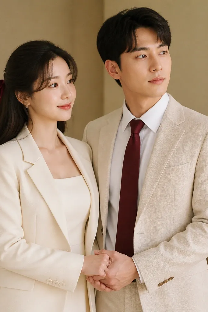 Indoor photo with a soft, warm background. The woman wears a cream tailored blazer over a cream dress and has burgundy velvet ribbon details in her hair. The man wears a cream shirt with a burgundy tie and a light blazer. They stand close with hands together, warm light reflecting softly.