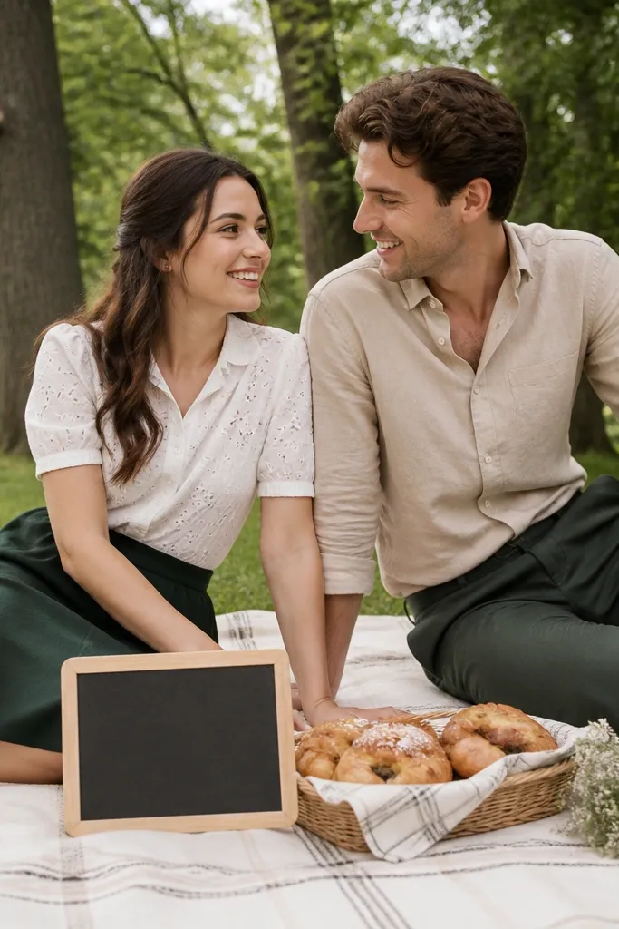 Picnic blanket in a park. The woman wears a white eyelet shirt tucked into a deep green midi skirt. The man wears a light tan linen shirt with rolled sleeves and dark green trousers. They sit with a small chalkboard sign and a basket of pastries.