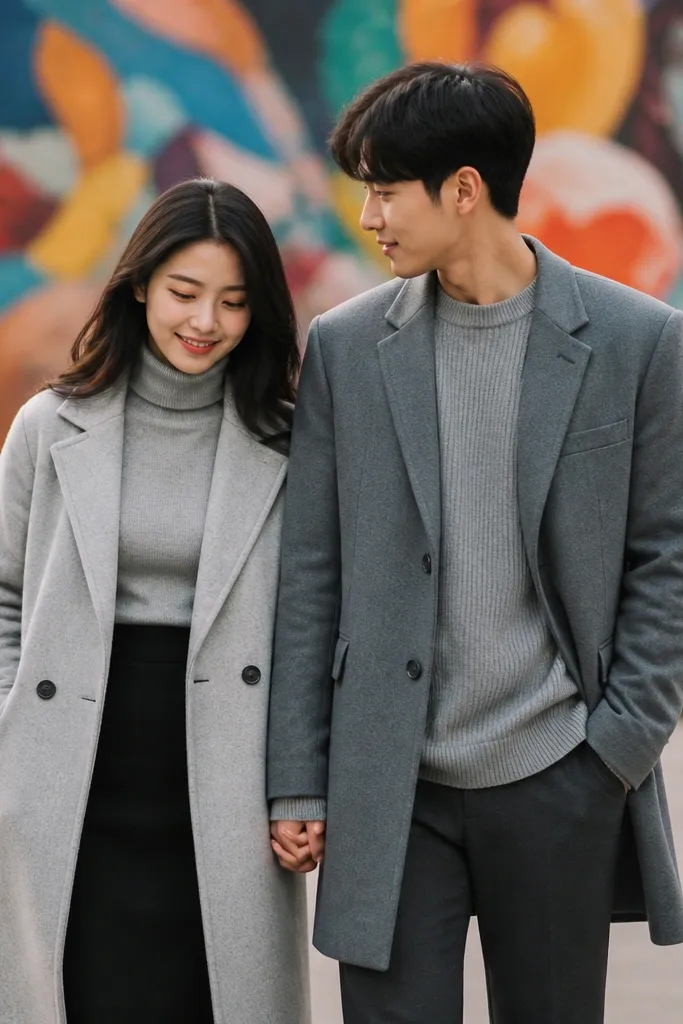 Street mural background with lots of color, but the couple wears matching gray tones. The woman wears a light gray wool coat over a gray turtleneck and black skirt. The man wears a medium gray coat and gray sweater. They stand slightly off-center, holding hands, with the mural blurred behind them.