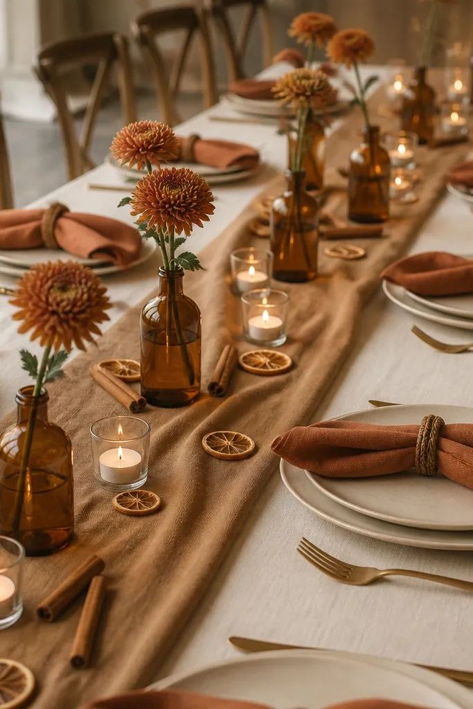 A long wedding table set with matte cream plates, burnt orange linen napkins folded with a simple cuff, amber glass bud vases holding single-stem mums, and small tea lights in clear holders. A warm tan runner runs down the center with scattered dried orange slices and cinnamon sticks.