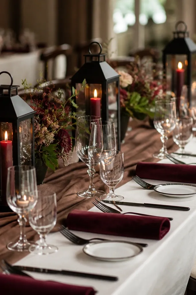A wedding table with a mocha-brown runner, black flatware, and burgundy velvet-like napkins folded into a straight roll. Each place has a small white plate with a thin dark rim, and there are short black lanterns with burgundy taper candles along the center.
