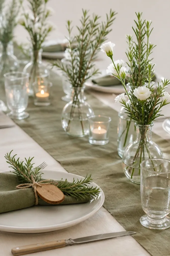 A creamy tablecloth with an olive-green runner, olive cloth napkins, and clear bud vases containing rosemary sprigs and a few white flowers. Small votive candles sit in glass holders, and place cards are tied with twine to wooden tags.