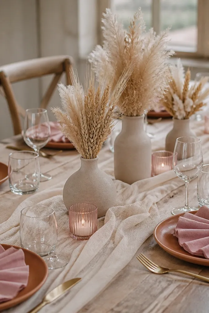 Terracotta-toned dinner plates paired with dusty pink napkins folded into a fan. The center has small clusters of dried wheat and pale pampas grass in matte beige vases, with soft blush tea lights on the runner.