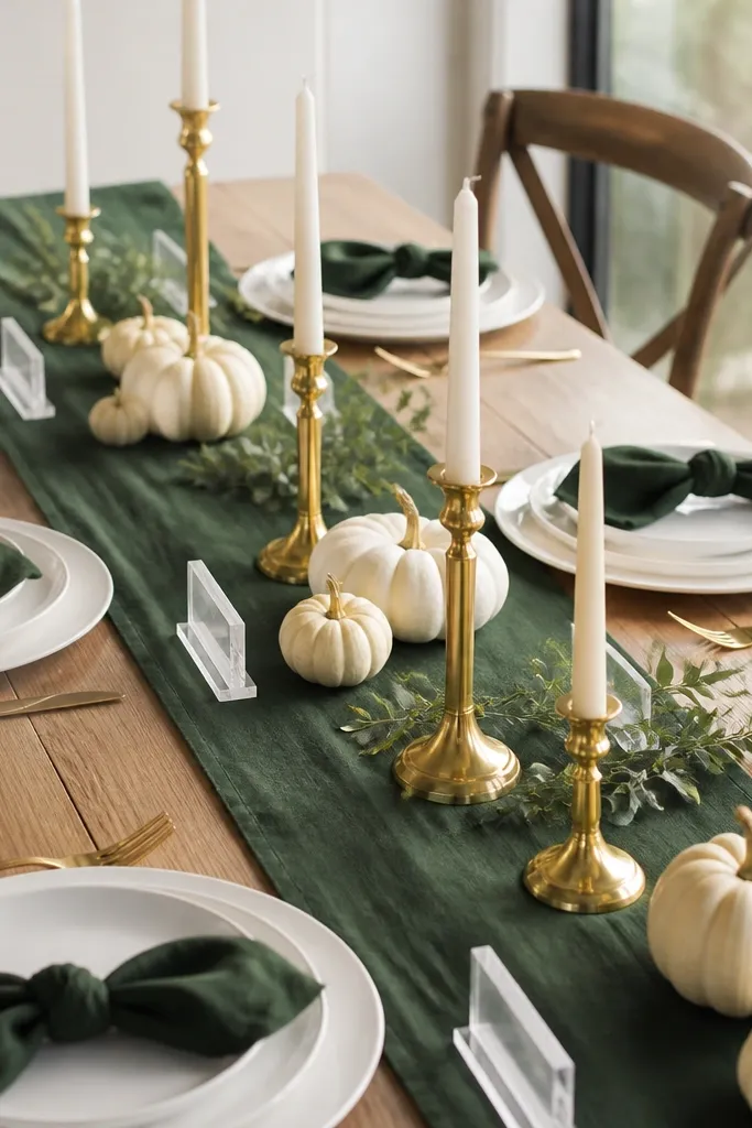 A deep forest green runner down the center, gold candlesticks of two heights, and small white pumpkins scattered around. Place settings use matte white plates, green napkins folded with a knot, and clear acrylic place-card holders.