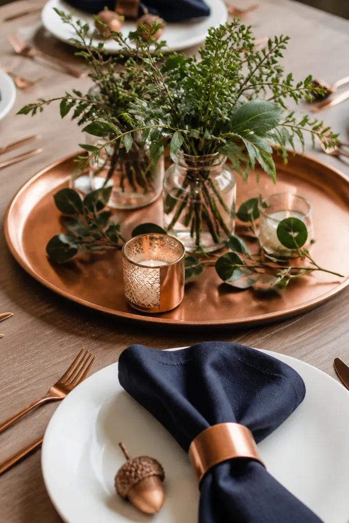 Matte navy cloth napkins with copper napkin rings, white plates, and copper-toned cutlery accents. The center has a copper tray with small acorn place tags and low greenery in glass jars.