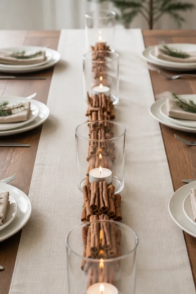 An ivory linen runner with cinnamon sticks laid in a straight line, clear hurricane candle holders, and small white tea lights inside. Plates are warm white, napkins are light tan, and there are mini sprigs of greenery tucked at each place setting.
