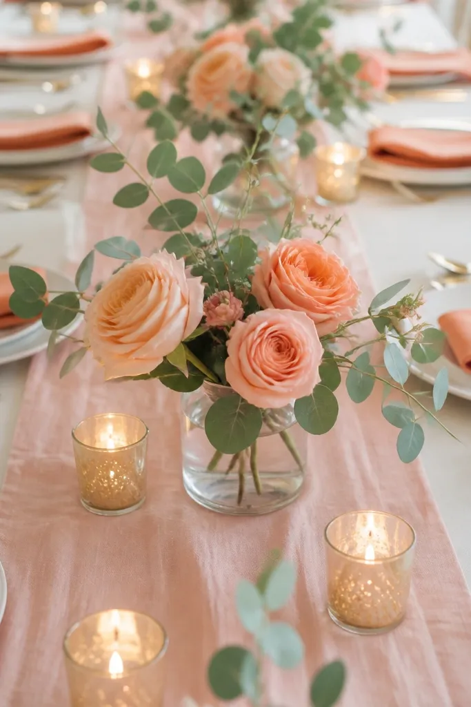 A blush pink runner with gold flatware, white plates, and peach-colored napkins. The centerpiece has low bud vases with peach roses and eucalyptus, plus gold foil-wrapped candles in clear cups.