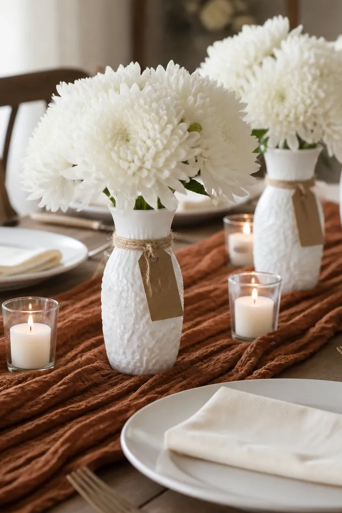 A rust-brown runner, white plates, and napkins in warm cream. Milk glass vases hold white mums, and each vase is tied with twine and a small tag. Small votive candles sit in clear glass cups around the runner.