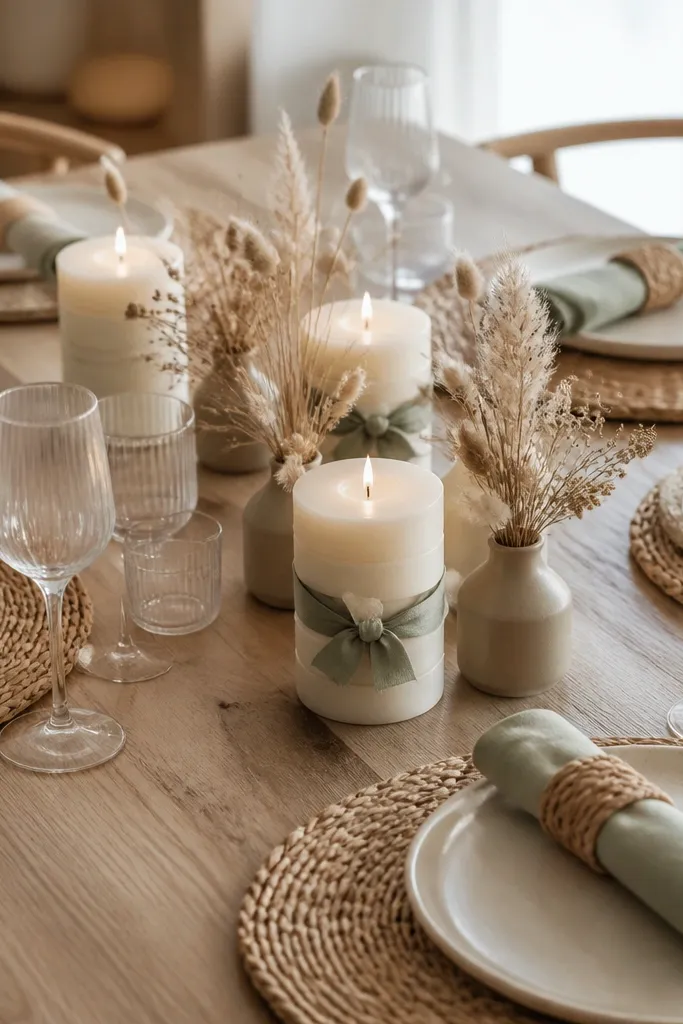 Woven placemats in natural tan, sage cloth napkins folded into a roll, and oatmeal-colored plates. Center has short candle stacks with sage ribbons and small bud vases of dried grasses.