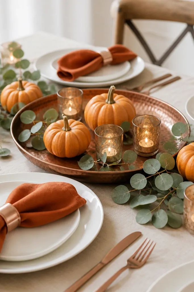 A hammered copper tray in the center of the table, mini orange pumpkins, eucalyptus sprigs tucked around the pumpkins, and small glass votives. Place settings use white plates and copper napkin rings, with orange napkins folded into a simple fold.