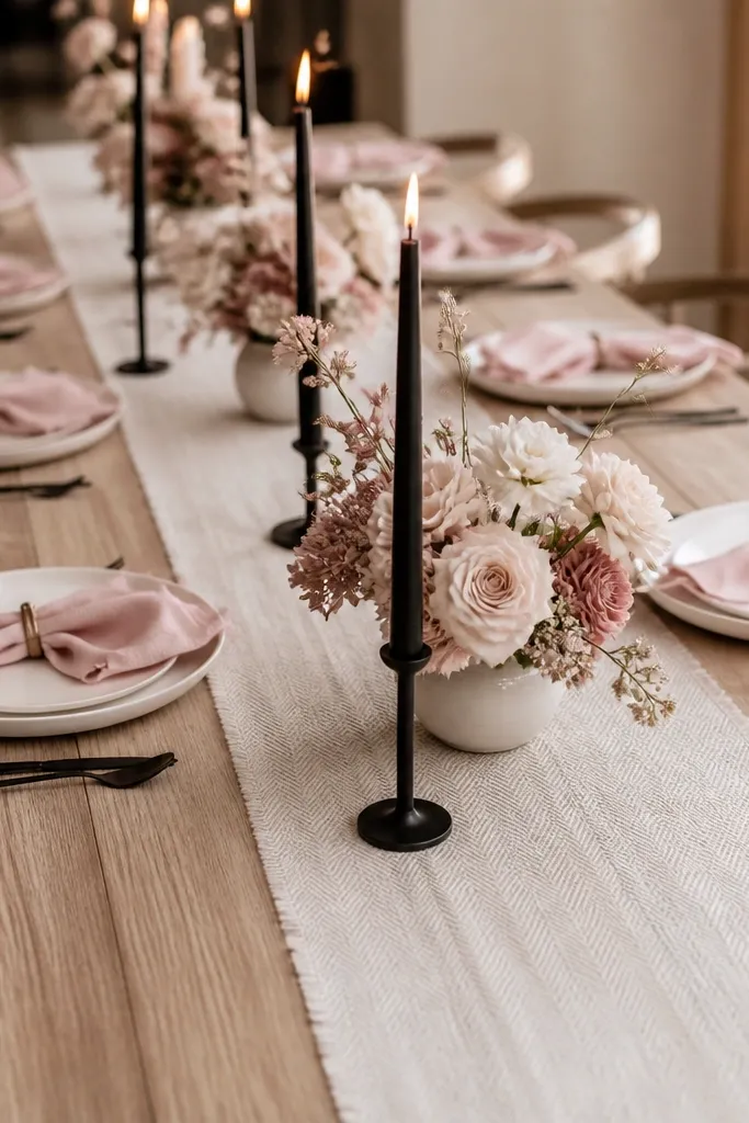 A light herringbone runner, blush pink napkins, and white plates. The center has black taper candles in holders and low blush floral clusters in small vases.
