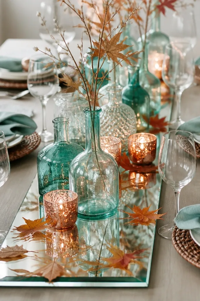 A mirrored tray down the center of the table with sea-glass blue glass bottles, copper votives, and scattered fall leaves. Place settings use ivory plates and sea-glass blue napkins, and there are copper napkin rings.