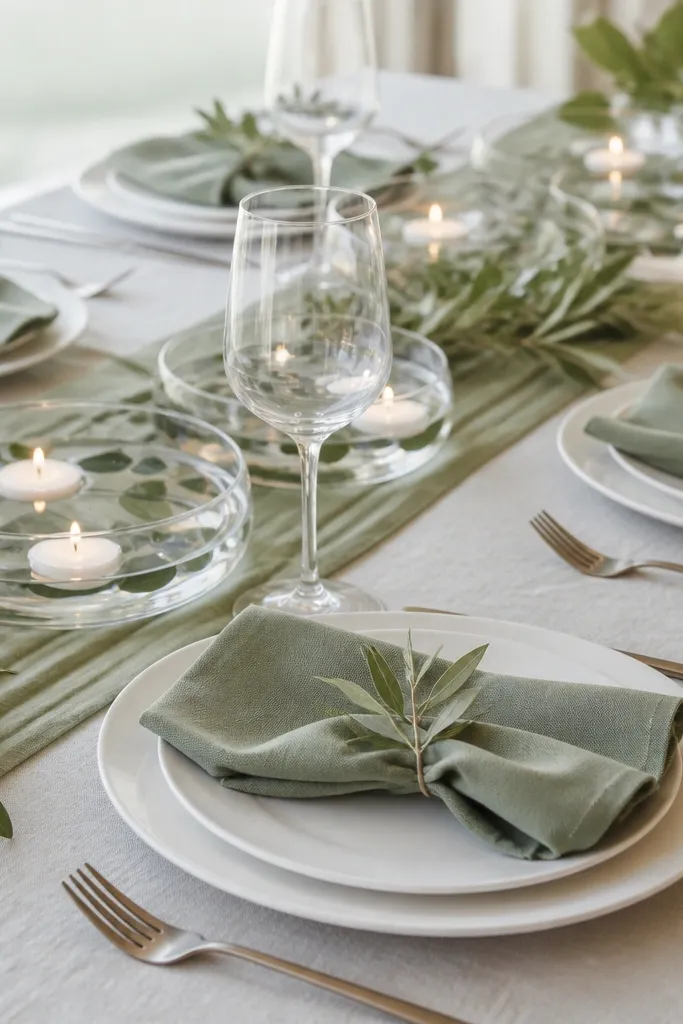 Shallow glass bowls on the table with water, floating candles, and floating sage leaves. Place settings use white plates, sage napkins, and small sprigs tucked into napkin folds.