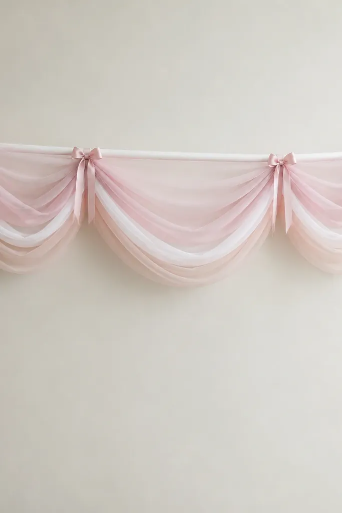 A white sheer curtain rod with a soft tulle swag draped across it, showing three layers: pale pink, white, and blush. Small satin ribbon bows tie the tulle at even intervals. Behind it, the wall stays plain so the drape stands out.
